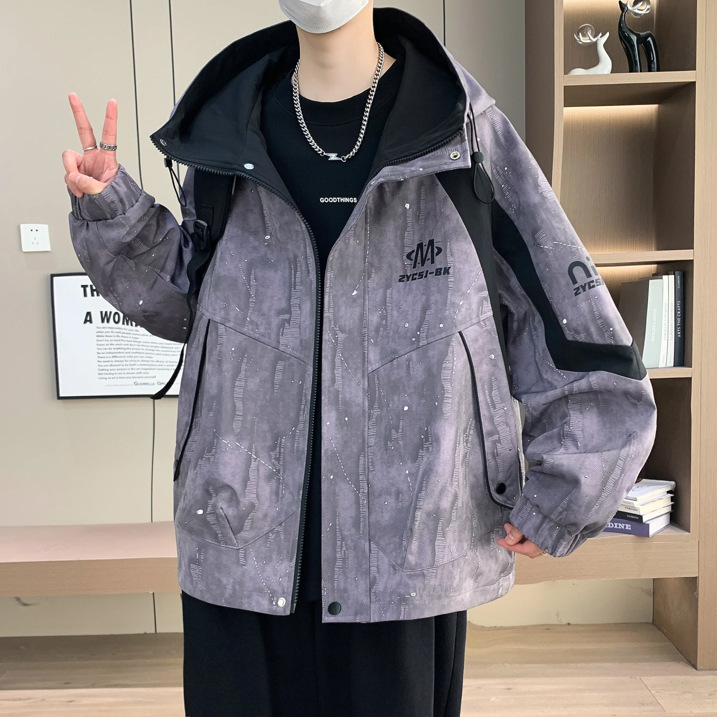 

Spring 2026 Men's Hooded Jaet Loose Thiened Warm Trendy Dyed T-irt Polyester Long Sve Zipper Closure Casual Sle
