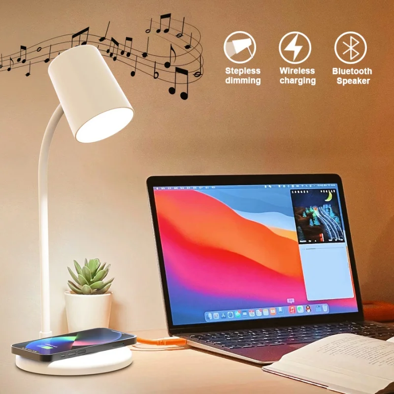 

10W QI Wireless Charging Led Desk Lamp Eyes Protection Table Lamp With Bluetooth Speaker Touch Dimmable Reading Night Lights