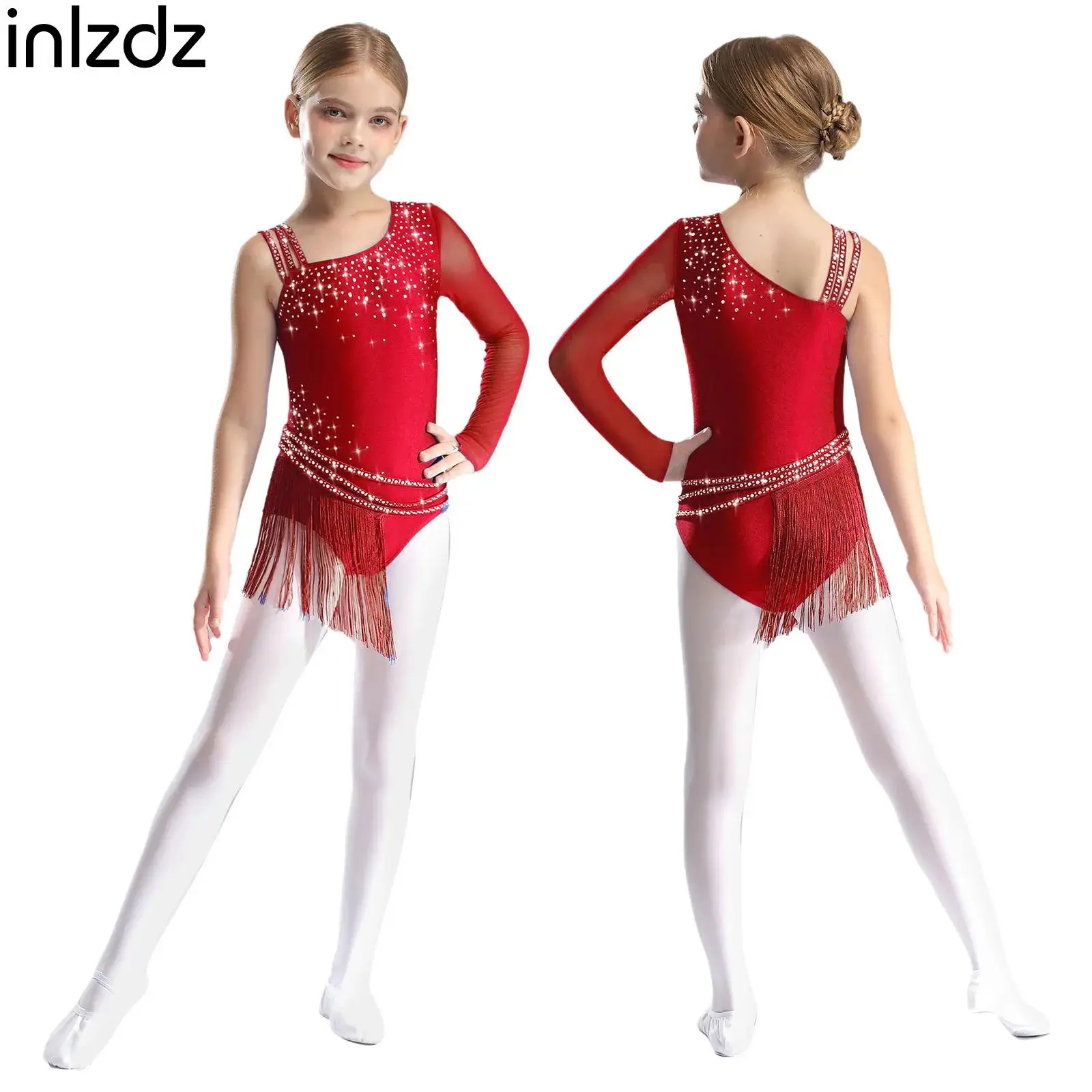 

Kids Girls Tassel Latin Dance Dress Shiny Rhinestones Gymnastics Ballet Dance Leotard Figure Skating Dance Performance Costumes