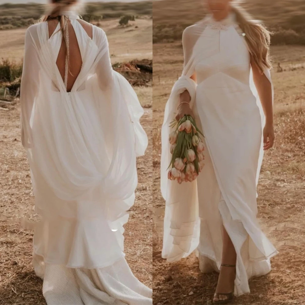 تخصيص الشيفون الأبيض رائعة ذوي الياقات العالية الرسمية 2025 فستان الزفاف جودة عالية حفلة الزفاف حساسة زي العرائس