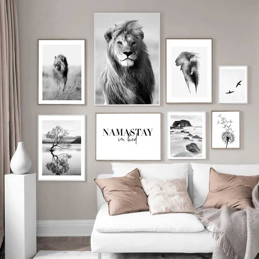 Modern Scandinavian Black White Lion and Tree Landscape Canvas Art Nordic Style Home Decor Wall Poster