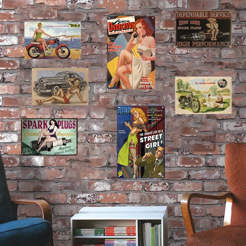 Retro Pin Up Girl American Style Tin Sign Metal Vintage Plaque Wall Signs Metal Poster Plate Garage Bedroom Man Cave Gift Decor