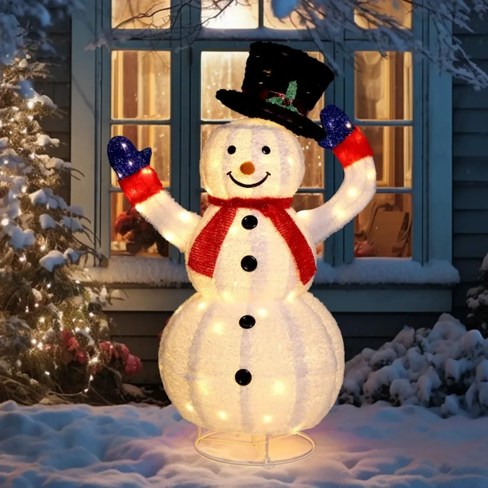 4FT Lighted Snowman Christmas Decorations w/ 120 LED Lights, Auto Take on/Off Hat, Pop-up Snowman Ornaments with Ground Stakes