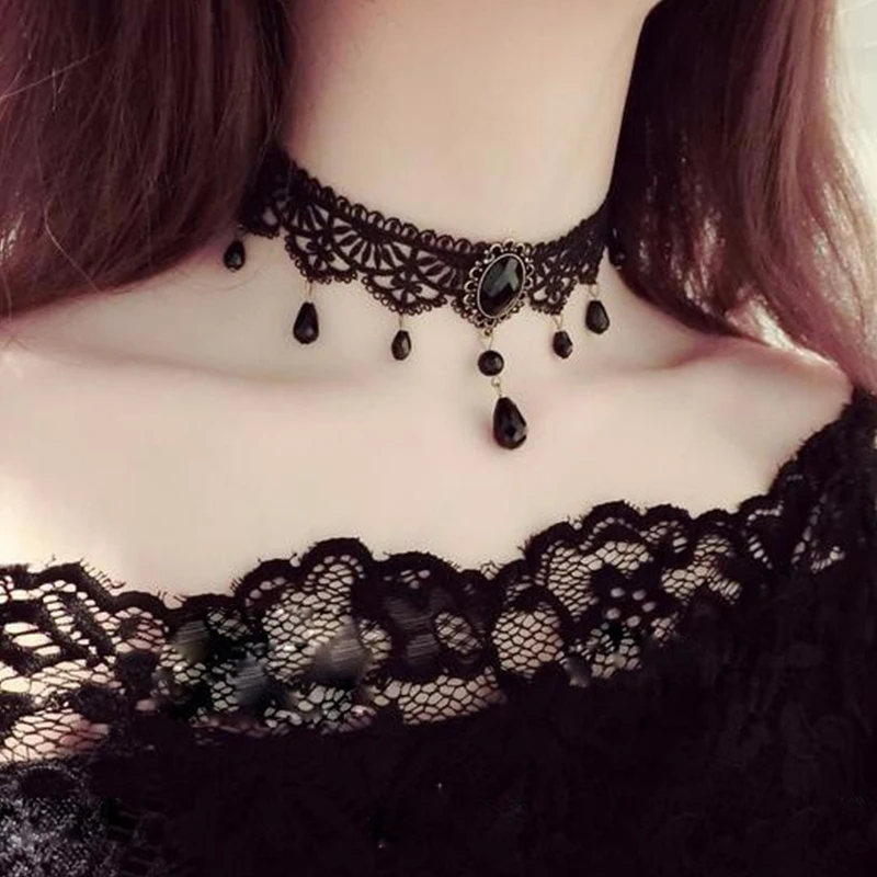 Sexy Gothic Chokers Crystal Black Lace Neck Choker Necklace Vintage Victorian Women Chocker Steampunk Jewelry