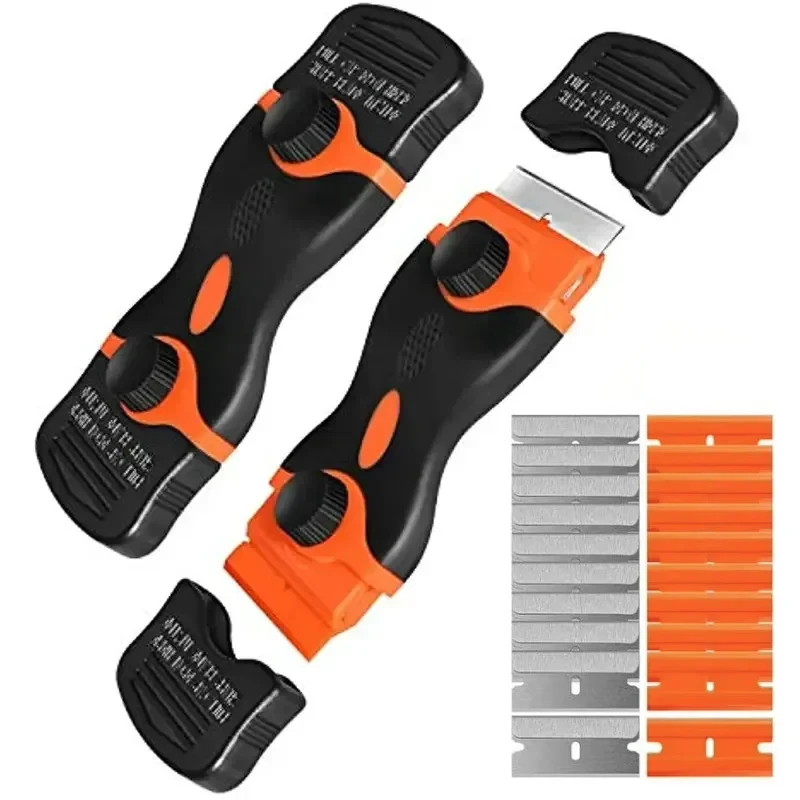 Scraper with plastic/metal razor blades, used for cleaning vinyl film on car windows and removing tools for glass cleaning