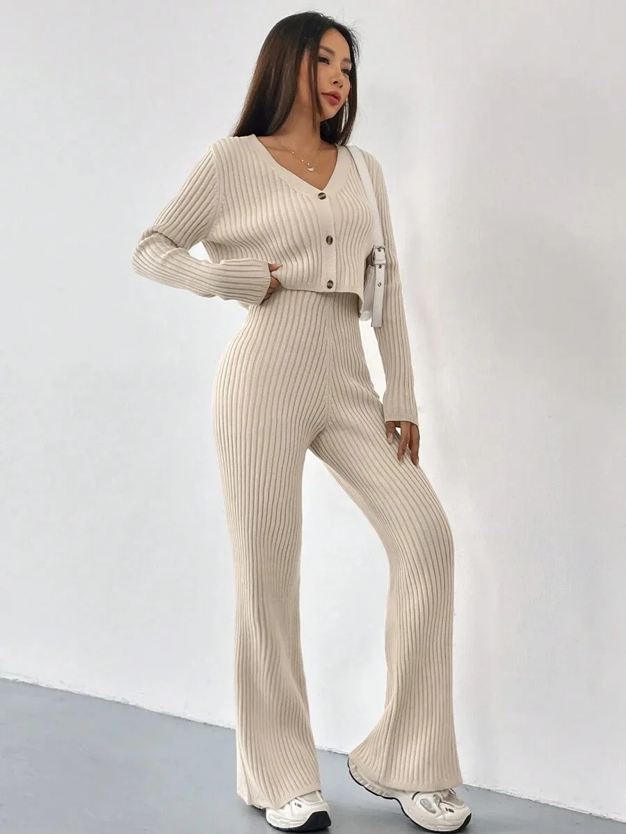 New Autumn and Winter Fashionable Casual Straight Leg Pants with Loose V-neck and Pit Stripe Knit Two-piece Set