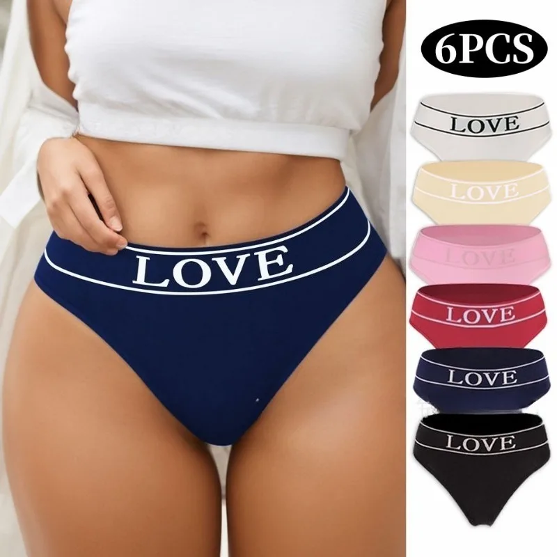 

6pcs Traceless Large Size Mid-waist Briefs Pure Cotton Crotch European and American Women's Seamless Underwear LOVE Letter Waist