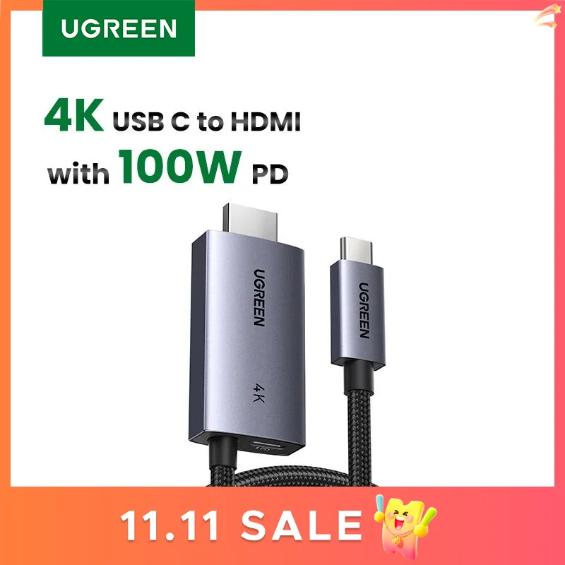 UGREEN Кабель USB C-HDMI с адаптером быстрой зарядки PD 100 Вт 4K при 60 Гц 2-в-1 Thunderbolt Однонаправленный тип C к HDMI 2 метра