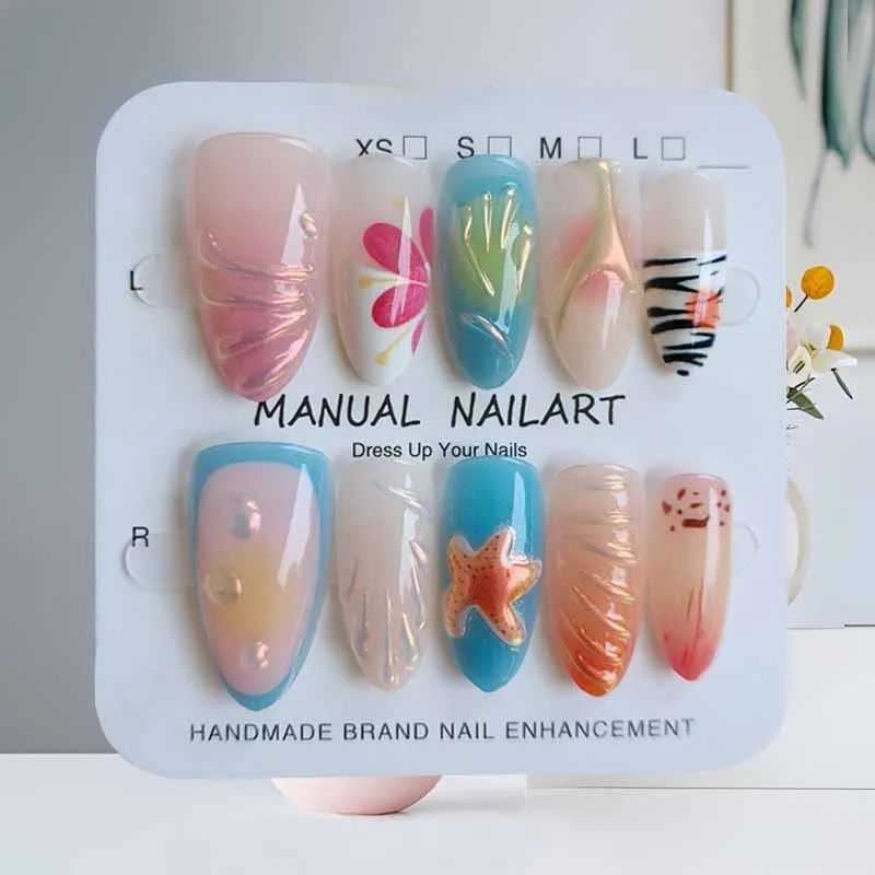เล็บปลอมลายฝรั่งเศสสไตล์มหาสมุทร 3 มิติ ลายปลาโลมาและปลาดาว จำนวน 10 ชิ้น พร้อมลายตาแมวน่ารักหวานๆ