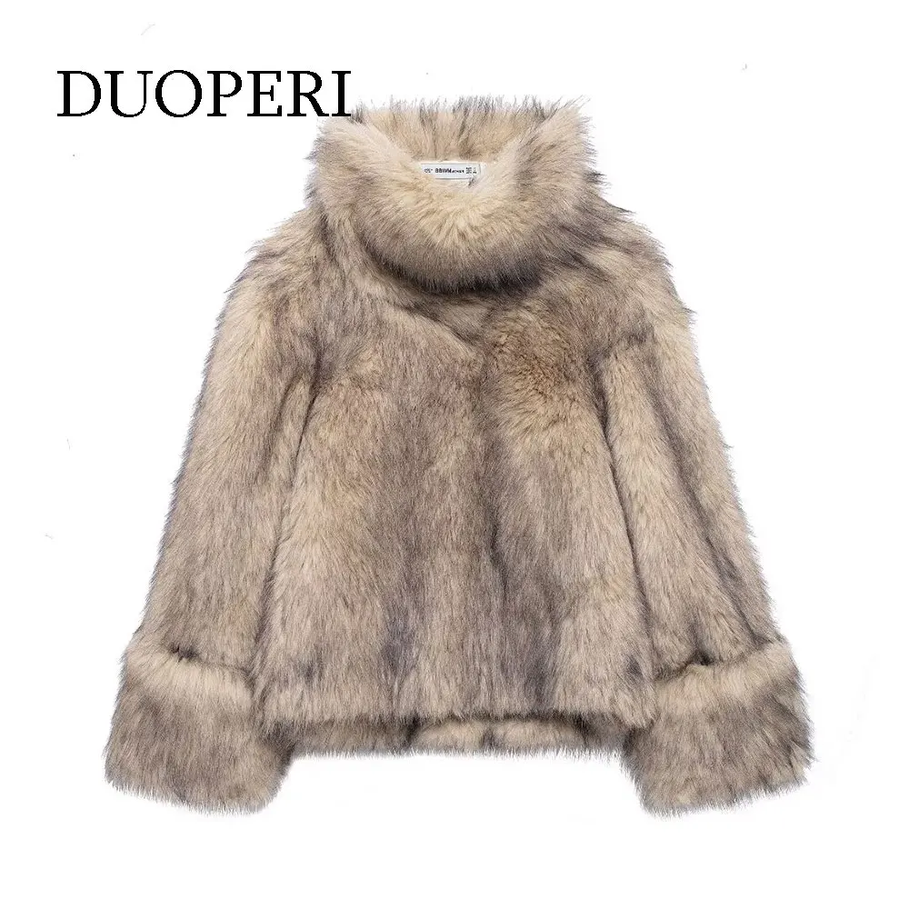 DUOPERI Women Fashion Winter Faux Further Pullover Hoodies Outifts High Collar Female Chic Lady Casual Coat Jacket Mujer