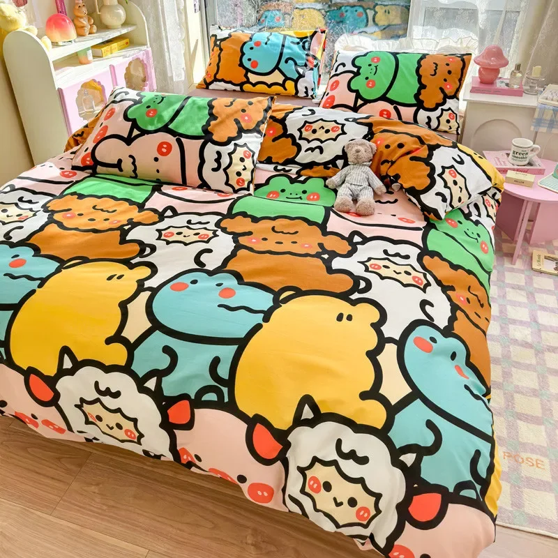 

Funny Cartoon Animals Duvet Cover Set 100% Cotton Skin-friendly Breathable Zipper Quilt Cover with 2 Pillowcases Bedding Set