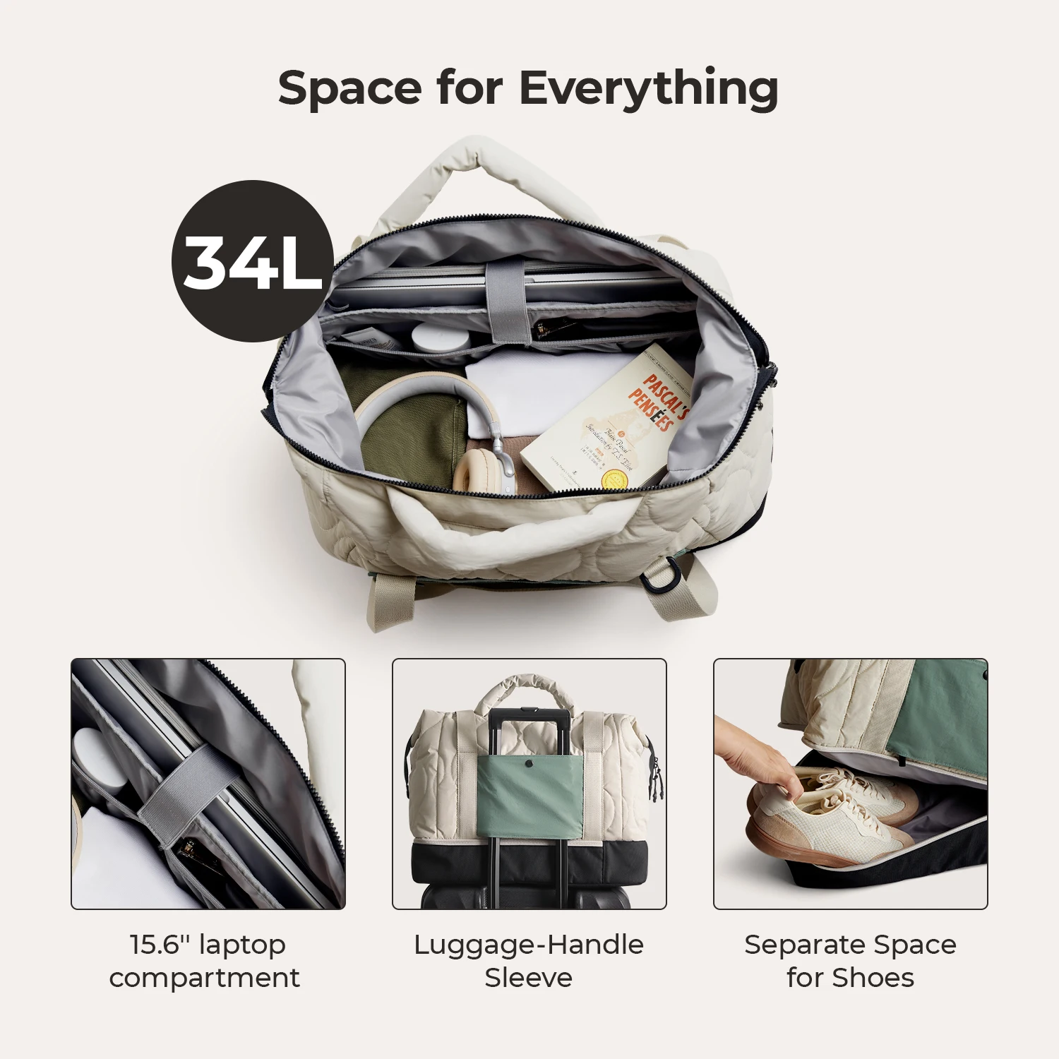 BAGSMART tas Boston 34L, tas Duffle besar dengan kompartemen sepatu, tas Tote Bag perjalanan tahan air untuk Laptop 15.6 inci