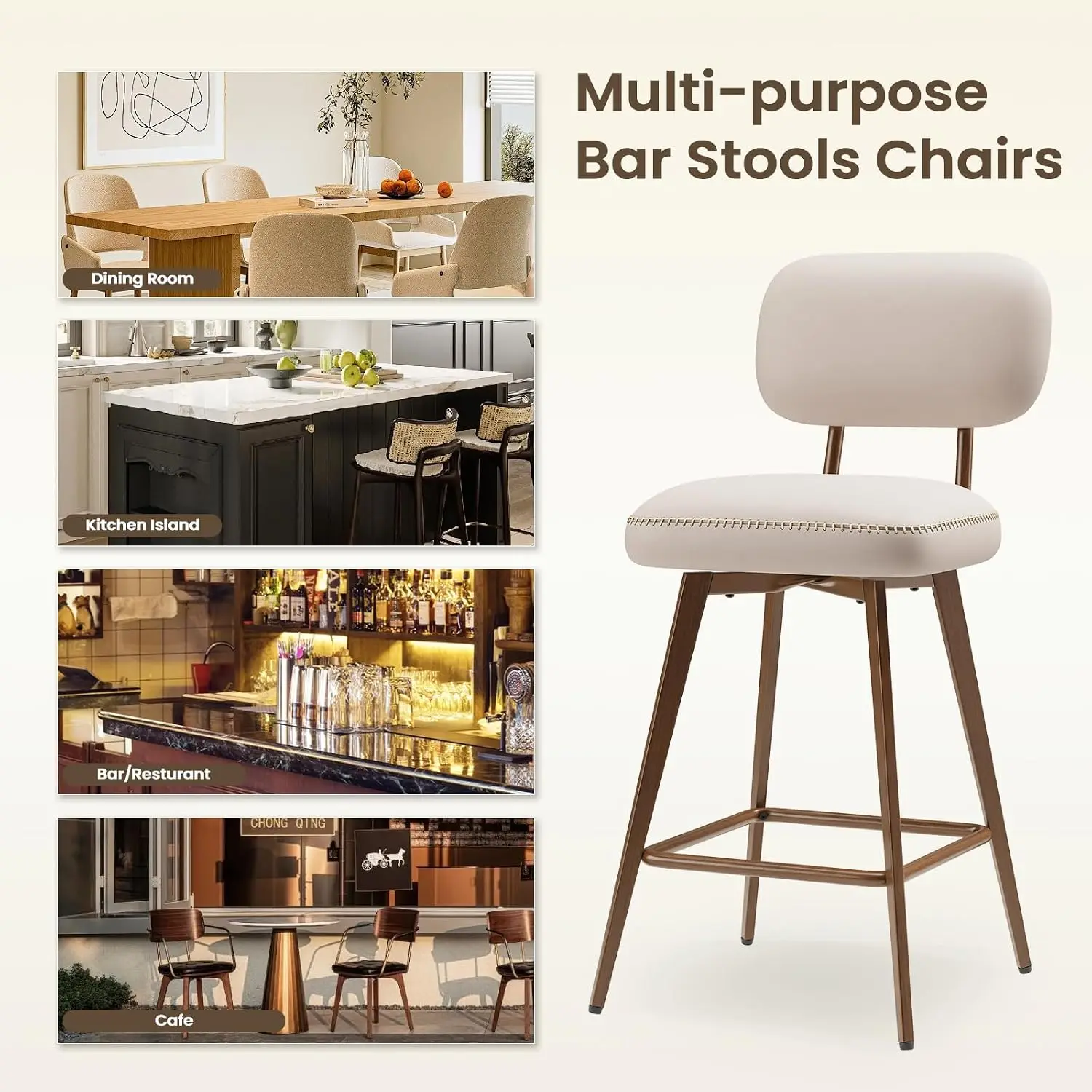 26“ Swivel Bar Stools Set of 2, Mid Century PU Leather Counter Height Bar Chairs with Low Back and Metal Legs, Modern Bar Stool view 6