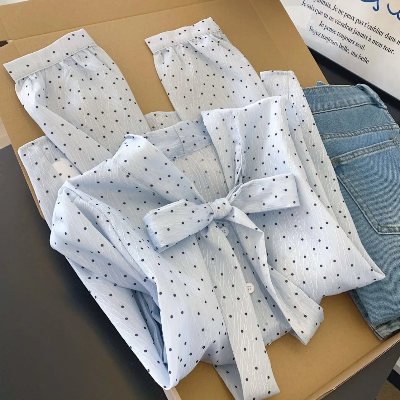Light Blue Tiny Black Polka Dot Bow Tie Neck Long Sleeve Blouse Women Wrinkle Textured Chiffon Puff Cuff Elegant Office Shirt - view 3