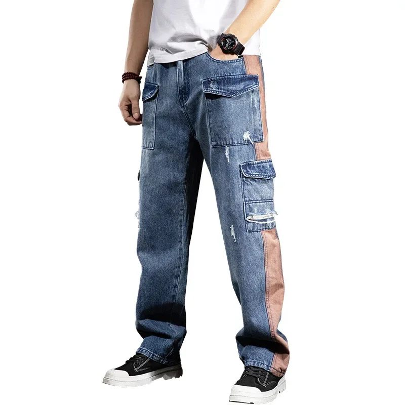 

New 2026 Spring Autumn Multi Pocket Loose Cargo Jeans for Mens Straight Loose Wide Leg Denim Pant Patchwork Baggy Jeans for Men