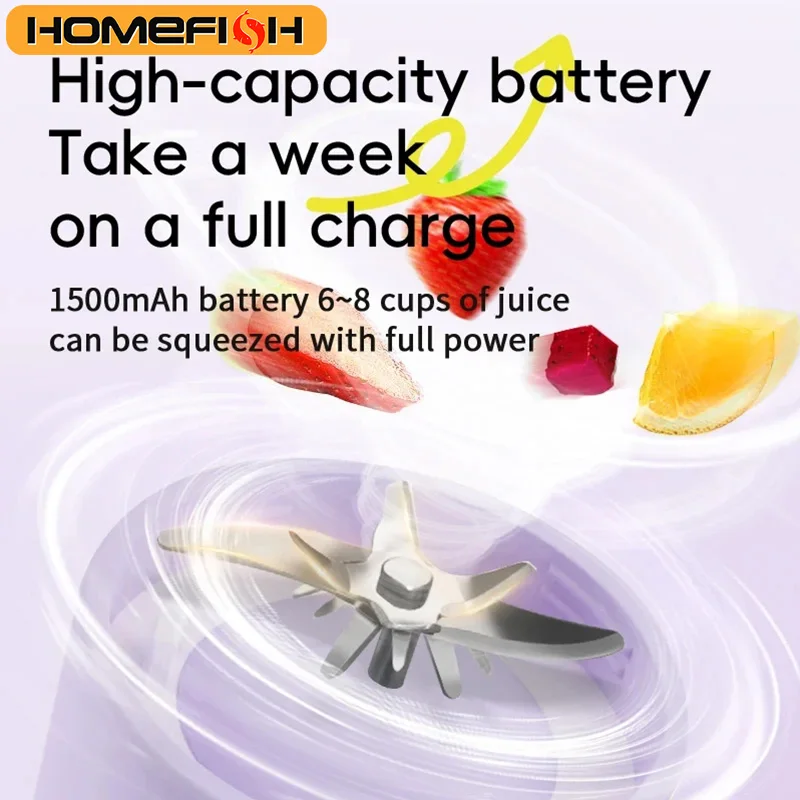 HOMEFISH Blender USB Rechargeable Cordless Mini Juicer Mixer for Smoothie Shake Protein Travel Sports Bottle Juicer Cup