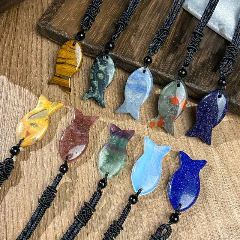 

6 шт./лот, кулон из натурального камня в форме рыбы, тигровый глаз, аметисты, розовый кварц, черный обсидиан, опал, драгоценный камень, подвески, веревка, ожерелье