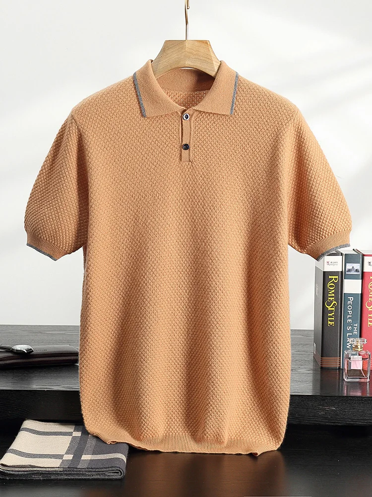 

Men's Cashmere Polo T-shirt Short Sleeve Pullover Summer Autumn 100% Cashmere Sweater Smart Casual Knitwear Comfy ClothingTops