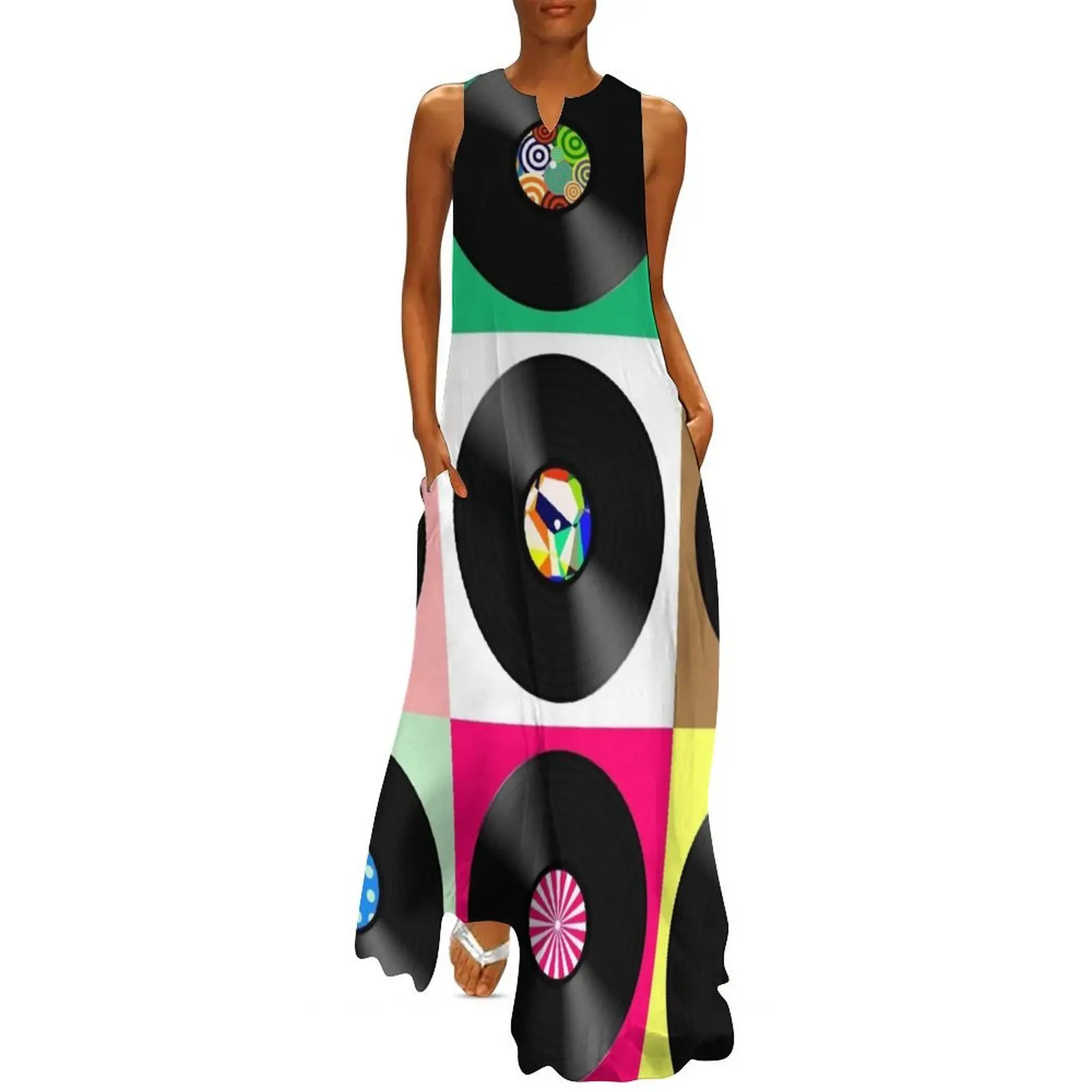 

Sixties Retro Vintage Vinyl Records Long Dress Casual dresses summer clothes for women womans clothing Summer dresses for women