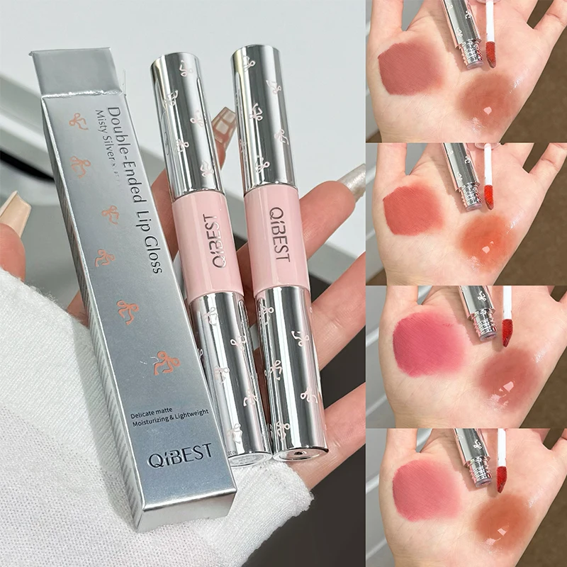 QIBEST Double Head Matte Velvet Liquid Lipstick And Watery Lip Gloss Tint Long Lasting Nude Orange Lip Glaze Korean Cosmetics