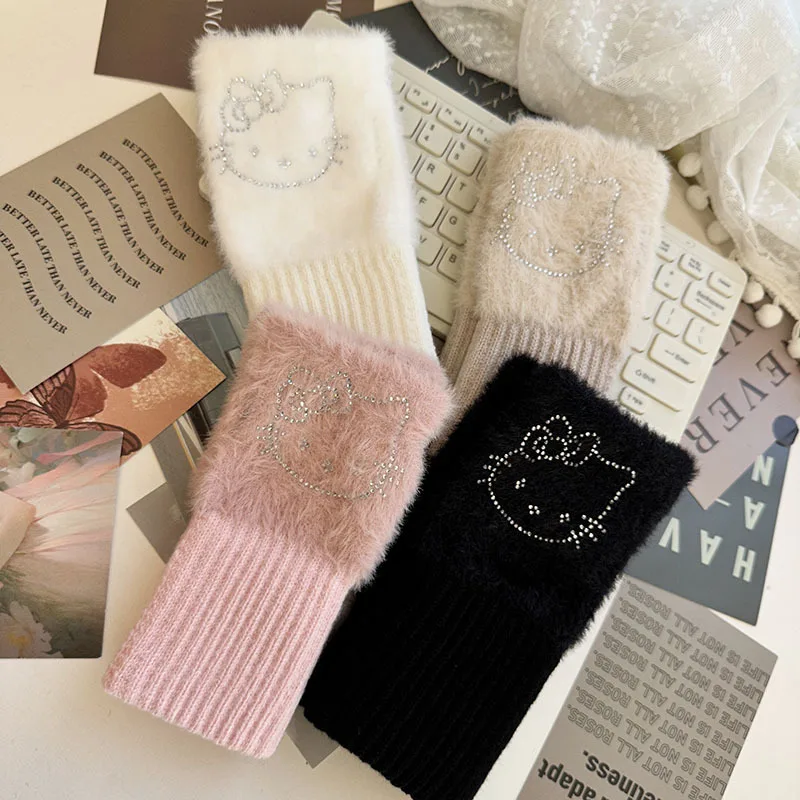 

Autumn and Winter Half-finger Plush Gloves Bright Diamond Kt Cat Knitted Gloves Student Writing Office Warm Fingerless Gloves