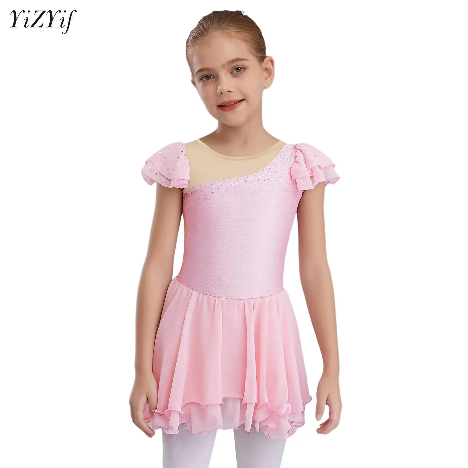 

Kids Girls Ruffle Sleeves Ballet Dance Dresses Sheer Mesh Rhinestones Leotard Dress for Figure Skating Performance Competition