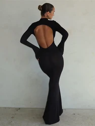 Jesień zima bez pleców seksowne do klubu na imprezę czarne Bodycon Maxi sukienki stroje dla kobiet z długim rękawem Y2K sukienka Vestido Streetwear New