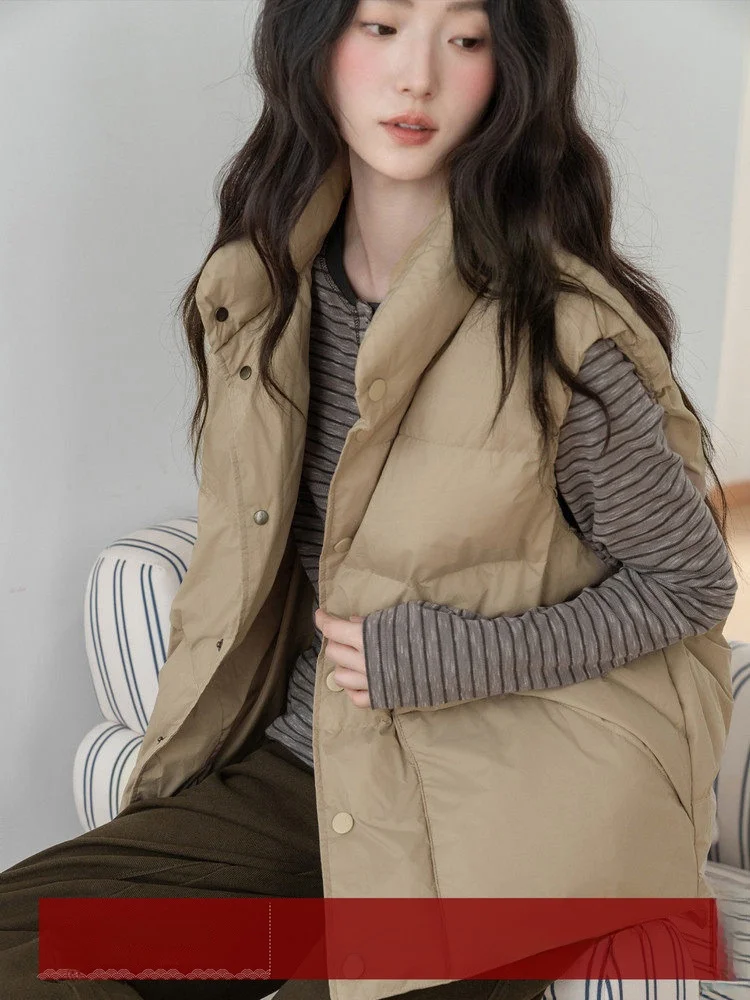 

MoZa Khaki Svel Layered Fce Vest Women's Loose Outerwear Warm Jaet Autumn Winter New Sle Commute Sle Pure Color