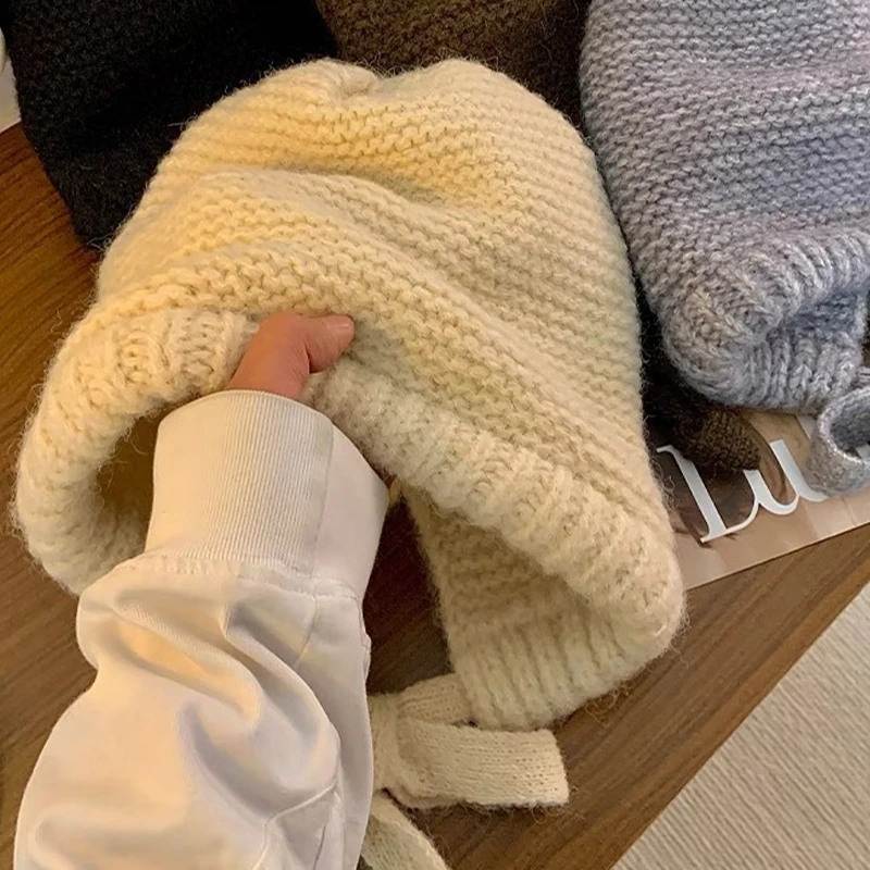 وشاح بسيط على الطراز الكوري، حماية متكاملة للرقبة، قبعة شال من الصوف المحبوك الدافئ لحماية الأذن #5