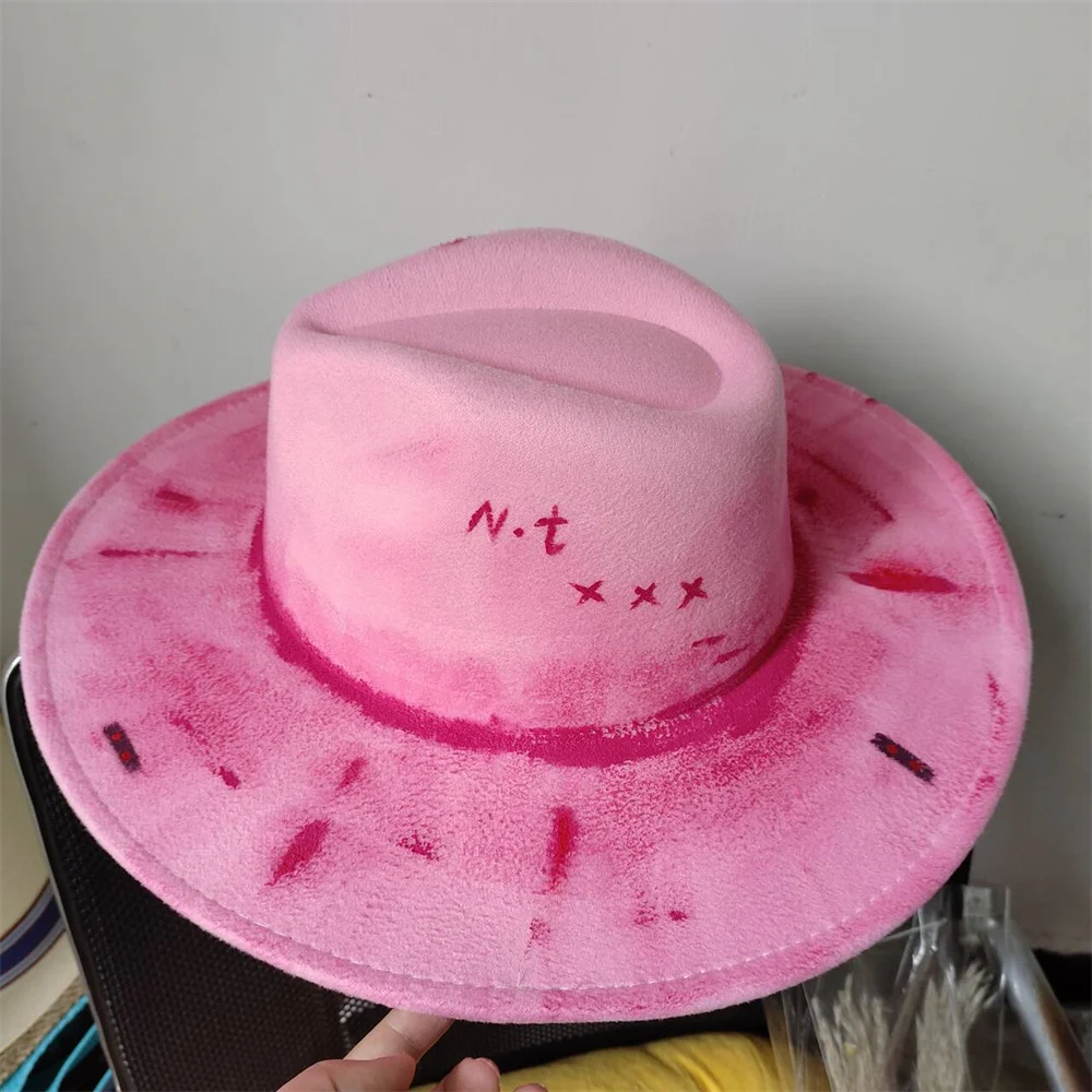 Pink painted hat retro suede fedora hat men and women fedora hat new style party hat outdoor fashion travel hat 2024 DIY hat