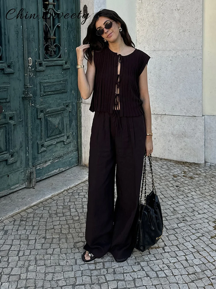 

Casual Lace Up Shirt Pant Set Women Solid O-neck Sleeveless Tops Pockets Wide Leg Trousers 2025 Summer Lady High Street Outfits