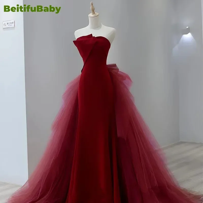 BeitifuBaby Elegant Evening Party Dress for Women Strapless Bow Lace Mermaid Big Skirts Wedding Banquet Gown Vestidos De Fiesta