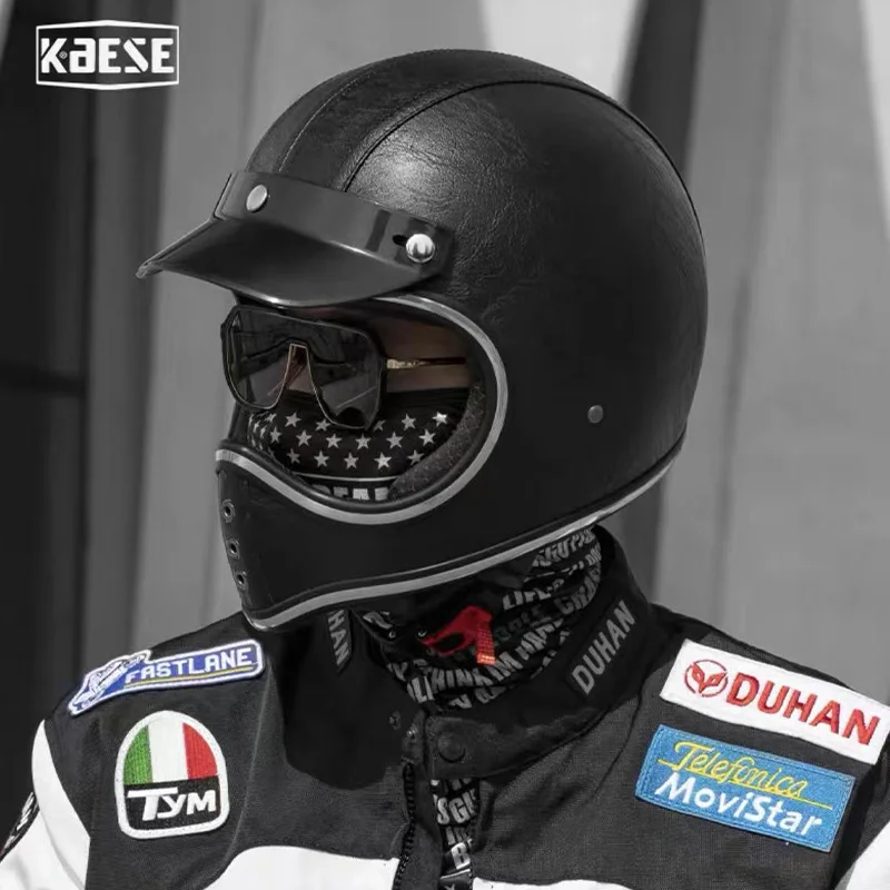 

Japanese Style Retro Leather Full Helmet Fiberglass Street Bike Helmet DOT/ECE Approved for Men Women Comfortable Fit
