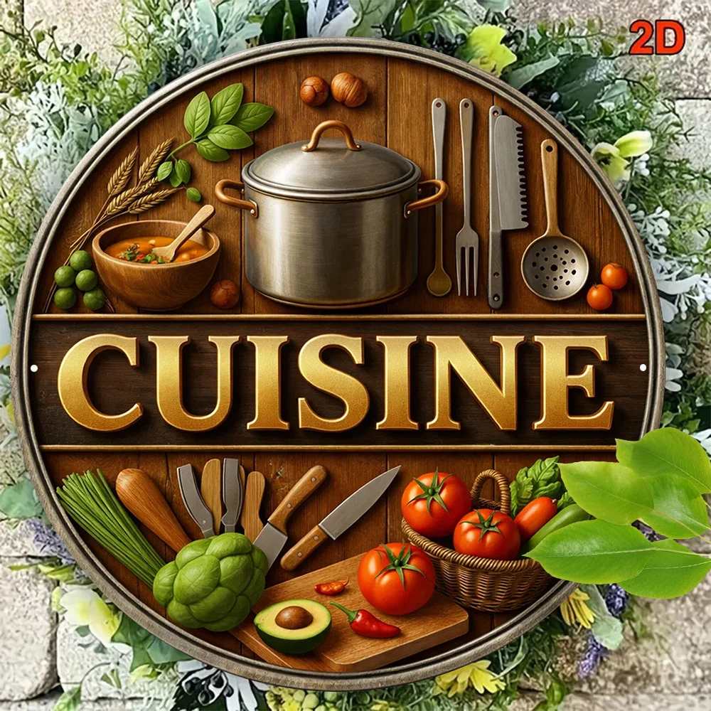 Home Cooking Cafe - Vintage Mutfak Dekoru 8x8in Yuvarlak Alüminyum