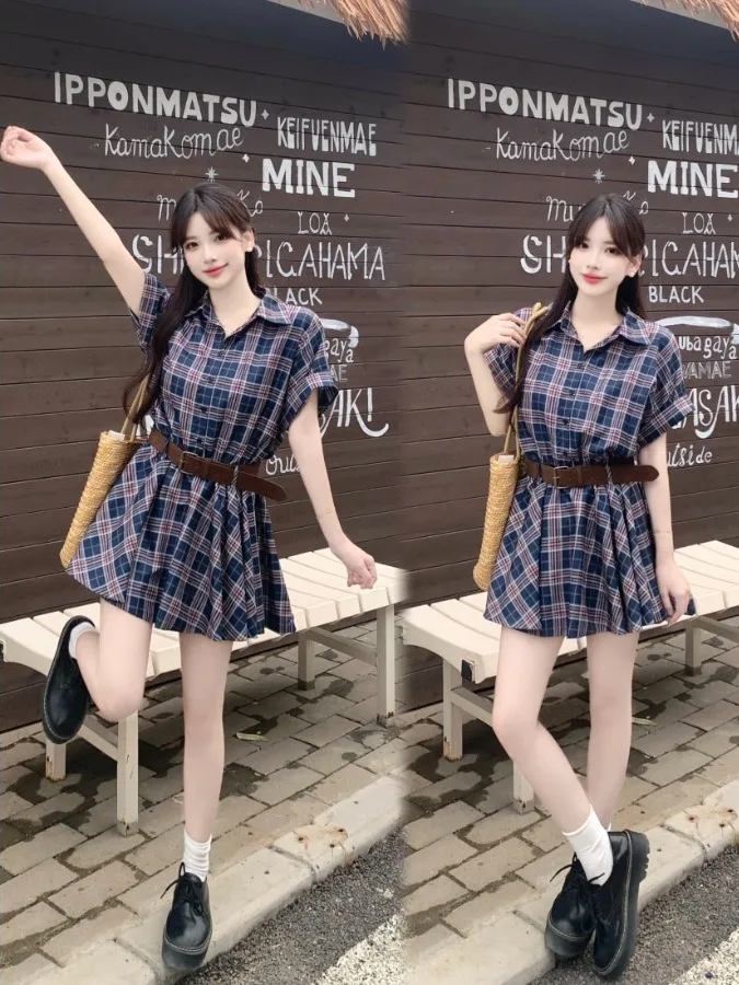 

Elegant Plaid Dress And Shorts Set Women's Summer Fashion plus Size Slimming Two-Piece Suit High Waist Flattering for All