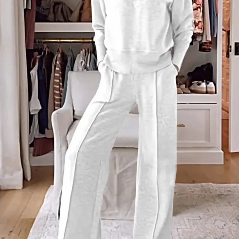 

Solid Color Sexy V-neck Long Sleeved Loose Long Sleeved Top+wide Leg Long Pants Two-piece Casual With Pocket Long Pants Set