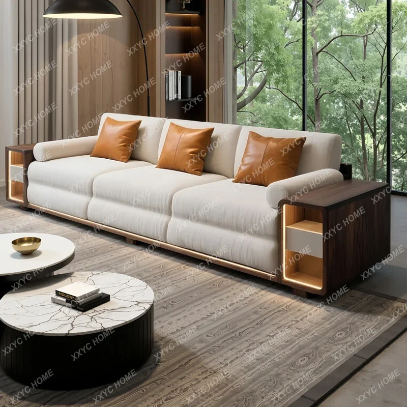 LSofa living room wabi-sandy wind solid wood three-person straight row furniture medieval simple and modern