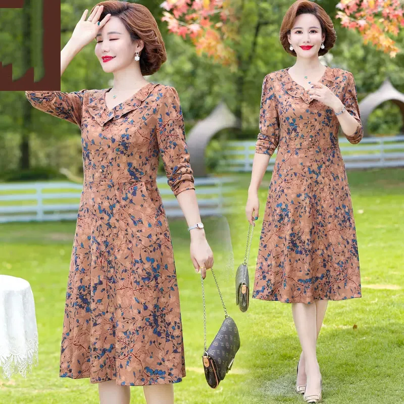 

Retro Large Size Middle-aged mother Spring Autumn Dress 2022 New Womens Clothing Elegant V-neck Long-sleeved Printed Dress bd404