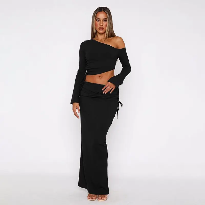 Y2K Sexy One Shoulder Long Sleeve Ruched Drawstring Crop Top Maxi Skirt 2 Piece Set Women Black Clubwear Party Daily Wear Outfit