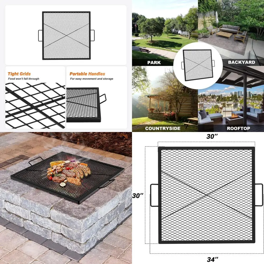 

Heavy Duty 30-Inch Square Fire Pit Grill, Outdoor Cooking BBQ Steel Grate with Handle
