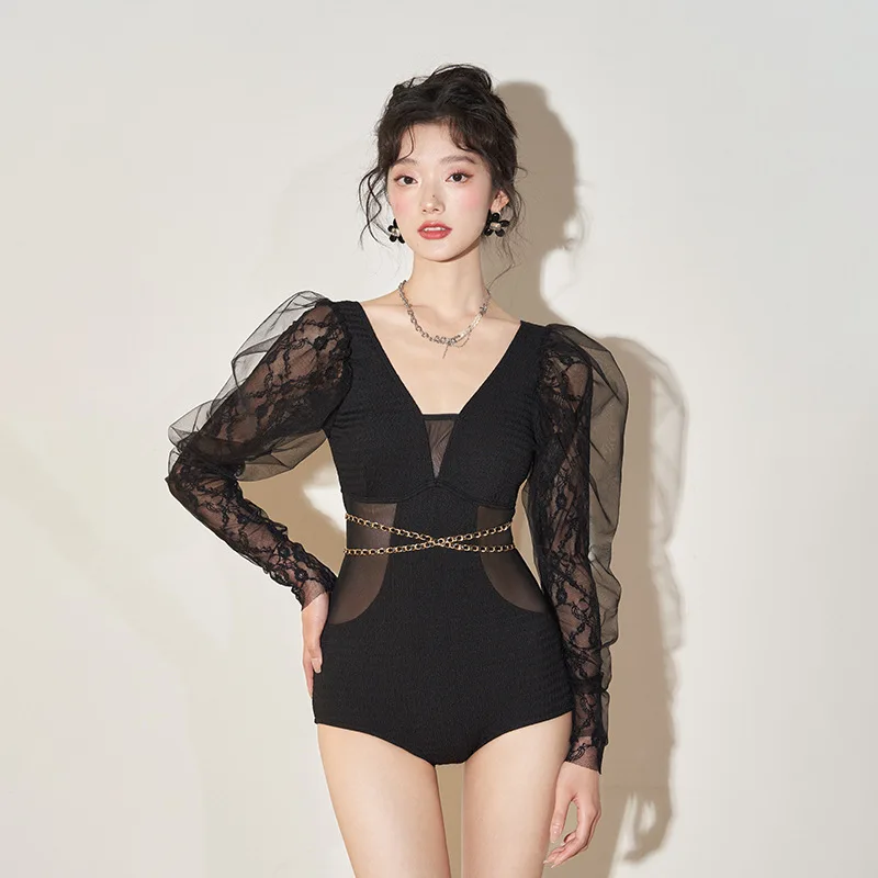 Wisuwore One-piece Swimsuit Women\'s Conservative Long-sleeved Coverup 2023 Korean Ins-style Slim Fashionable Hot Spring Swimsuit