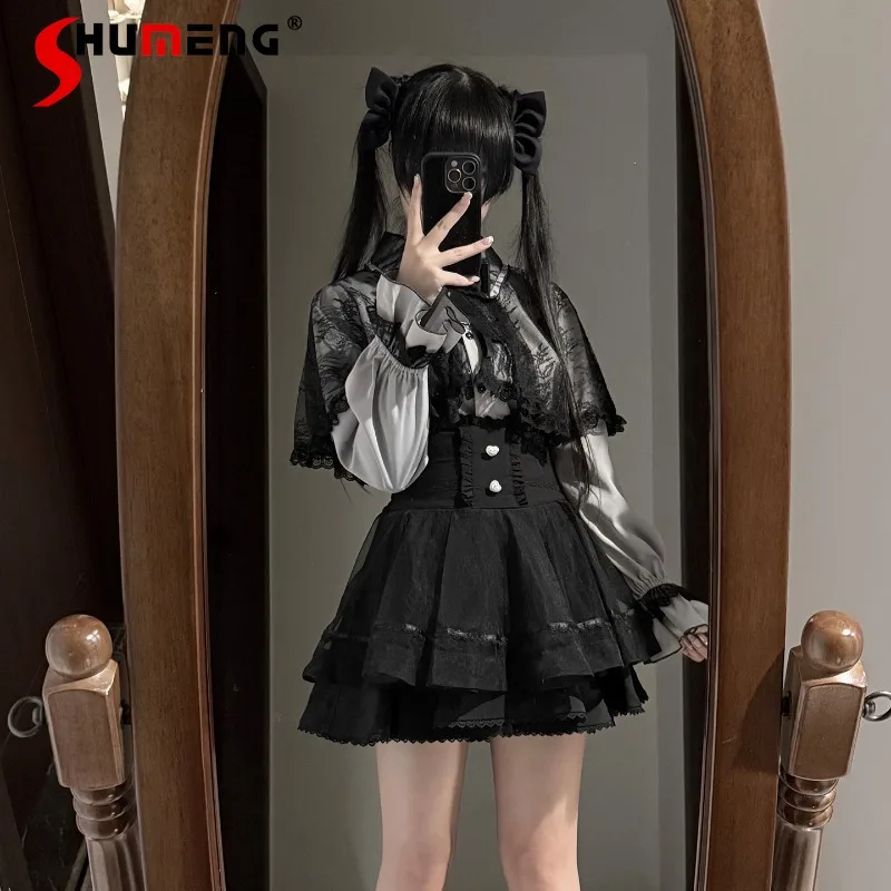 Y2k الحلو Kawaii Blusas طويلة الأكمام الدانتيل كيب قميص الدانتيل الزي تنورة ارتداء اليومي اليابانية لوليتا تنورة لطيف بلوزة دي Mujer #2