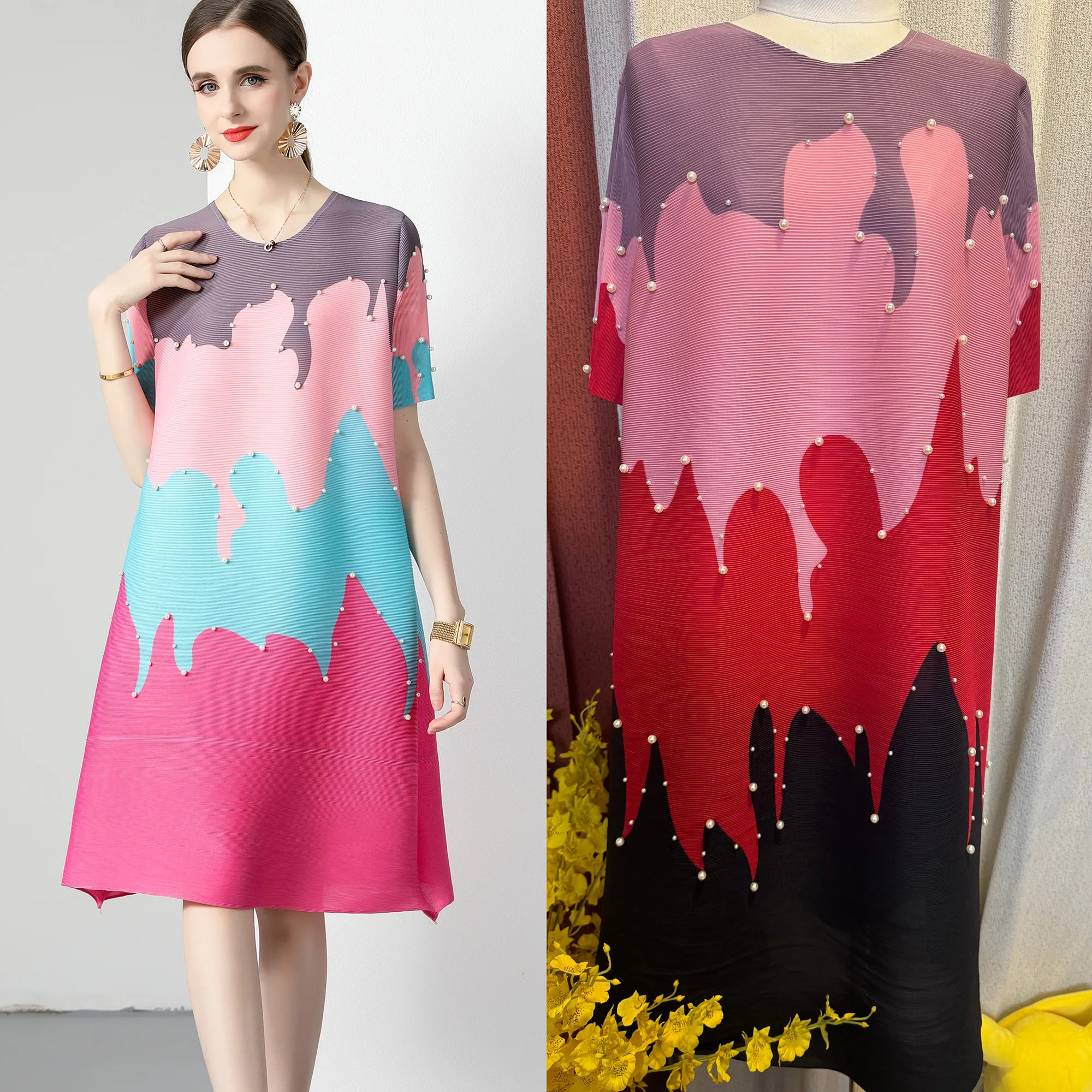 Miyake Plissee-Kontrast-Eiscreme-Druck-Perlenkleid, süße schlankmachende Damenbekleidung, Rundhals-A-Linien-Rock 2025, Damen