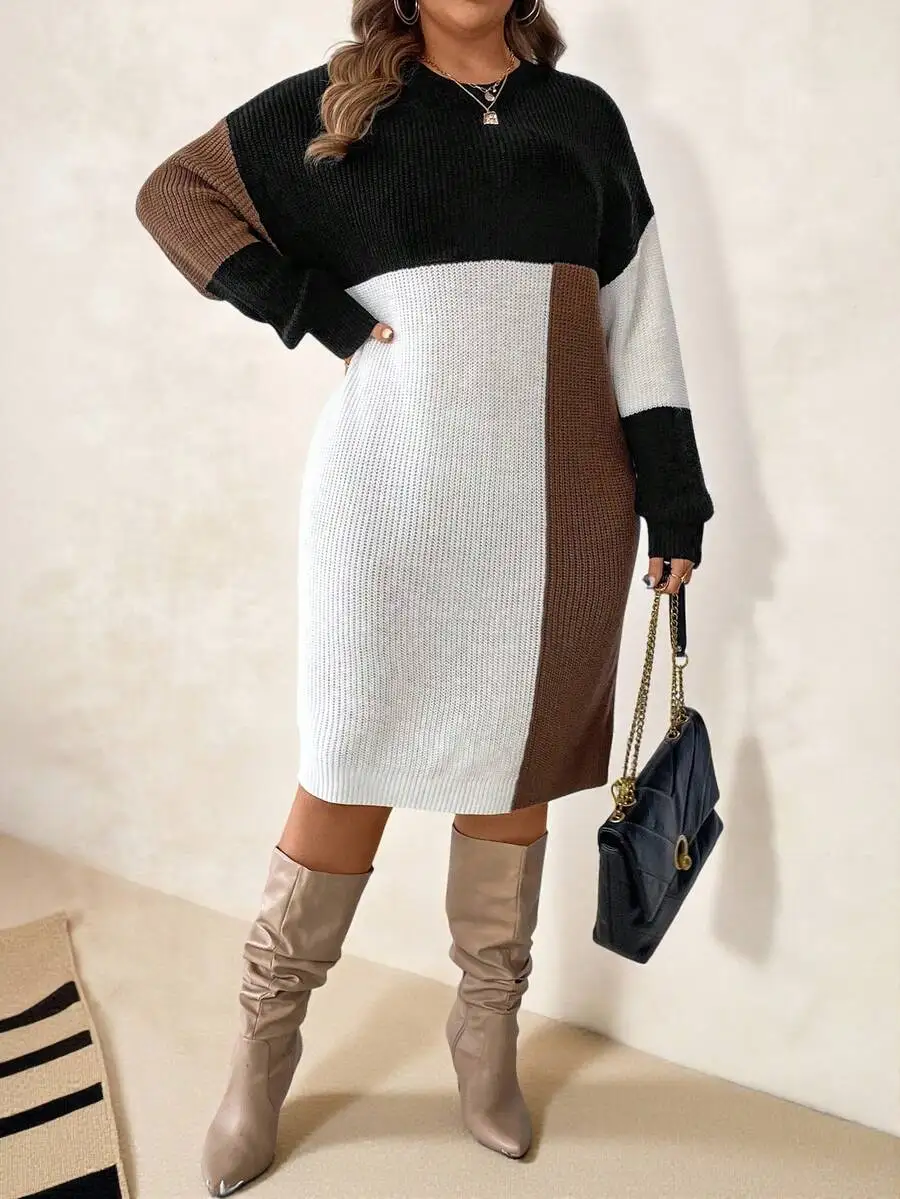 เสื้อสเวตเตอร์ผู้หญิงไซส์ใหญ่ ดีไซน์หรูหรา ตัดต่อสี คอทรงกลม แขนยาว ไหล่ตก ใส่สบาย อุ่น สำหรับฤดูใบไม้ร่วงและฤดูหนาว