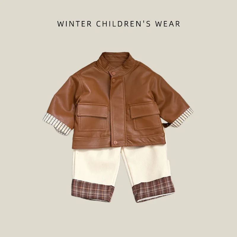 Baby winter wear leather jacket, boys' stand up collar big pocket trendy clothes boys' handsome outdoor winter jacket