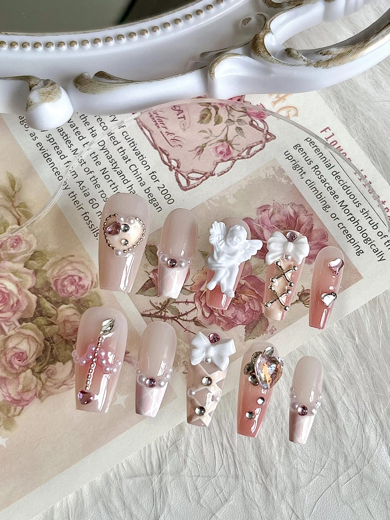 

10 handmade pressed nails, water pipes, coffin nails, pink angel bows, decorative fake nails, wearable nails