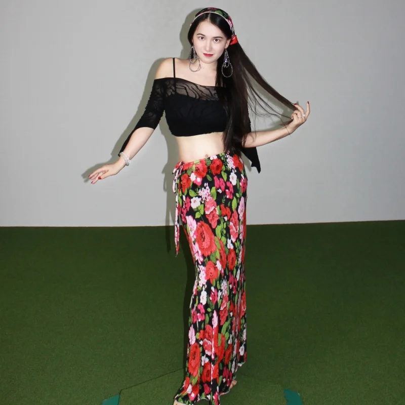 New bellydance performance suit sexy black mesh top+high-end printed long skirt set oriental dance professional training costume
