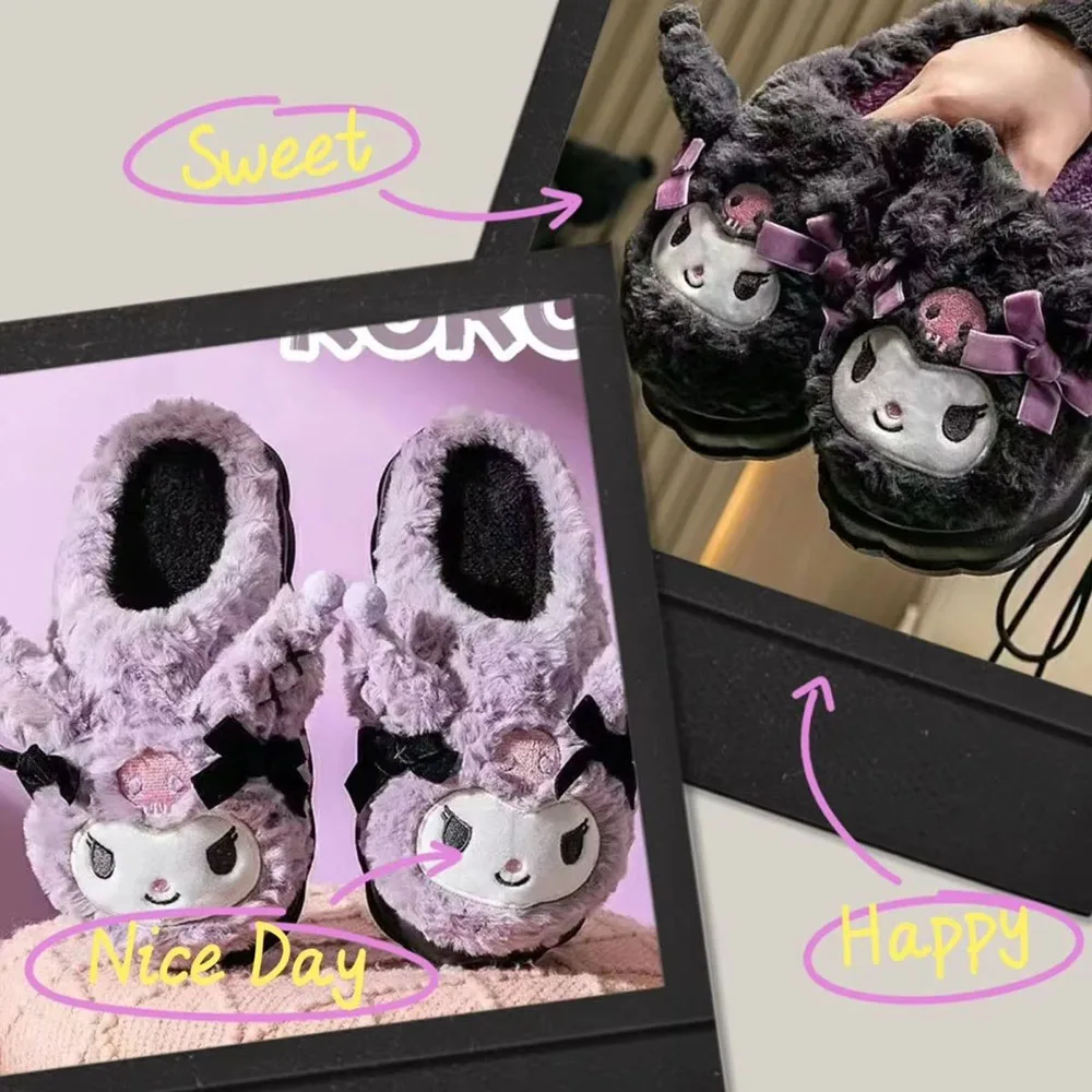 New Sanrio Kawaii Kuromi Cotton Slippers Cute Winter Home Slippers Thick Sole Keep Warm Cotton Shoes Xmas Gift For Girlfriend
