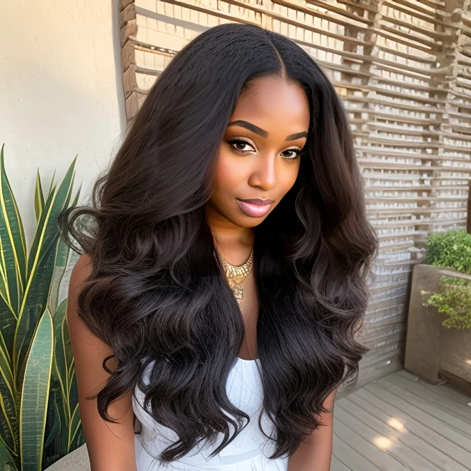 شعر مستعار ناعم ياكي مموج أسود مستقيم 26 بوصة طويل 13 × 4 باروكة أمامية من الدانتيل للنساء 180 كثافة شعر أطفال صناعي بدون صمغ