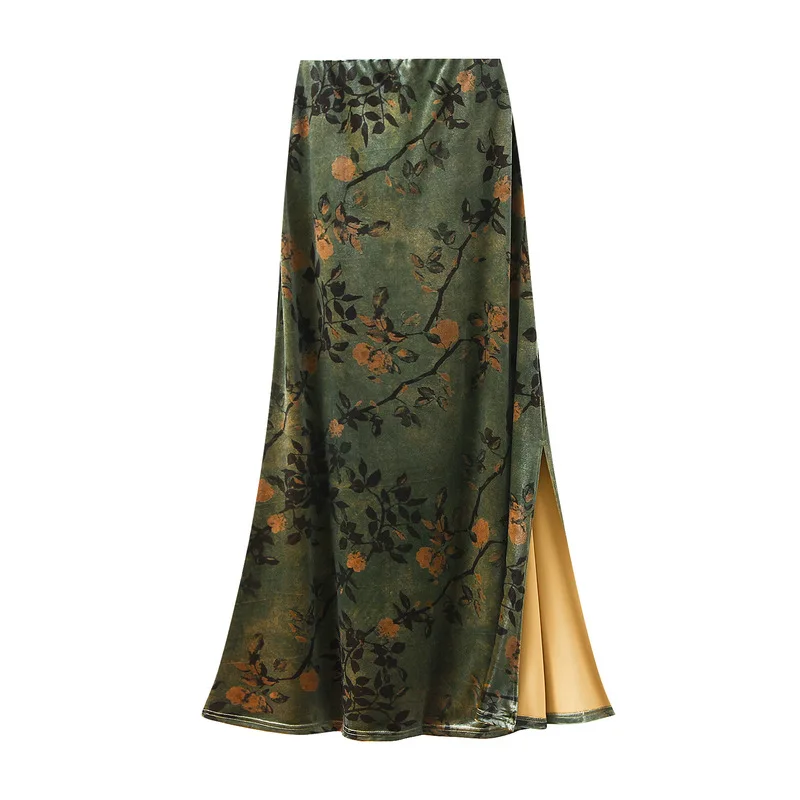 

Elegant temperament printed velvet half skirt autumn Chinese style retro floral high waist slimming A-line long skirt